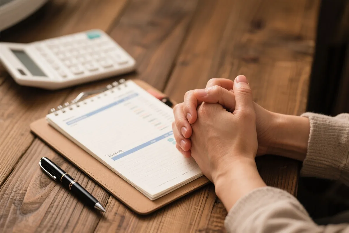 握紧的双手与家庭预算本，记录规划未来